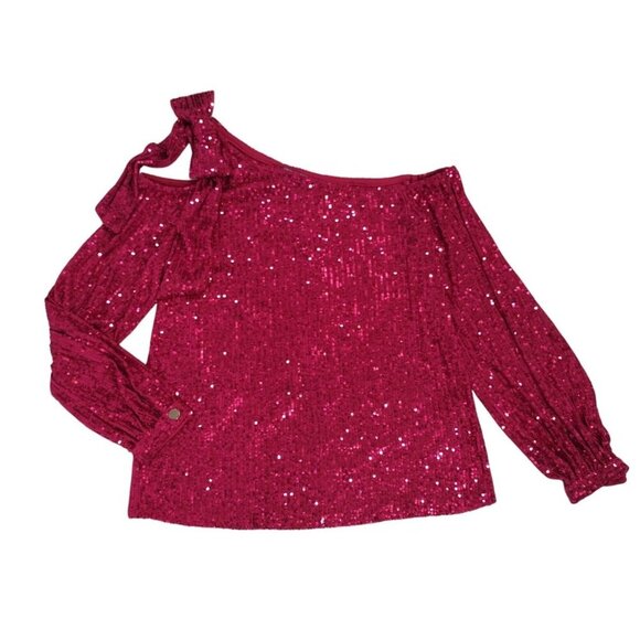 CeSe Women's Fuchsia Sequin One Shoulder Blouse with Bow Detail, Size M. - Picture 5 of 9